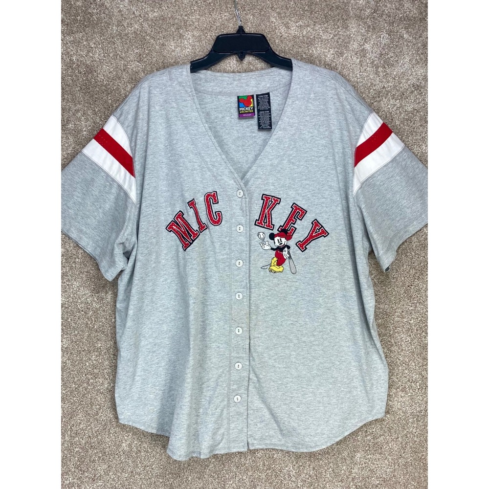 Mickey Unlimited Baseball Jersey Shirt Womens 26W/28W Gray Embroidered Sporty
